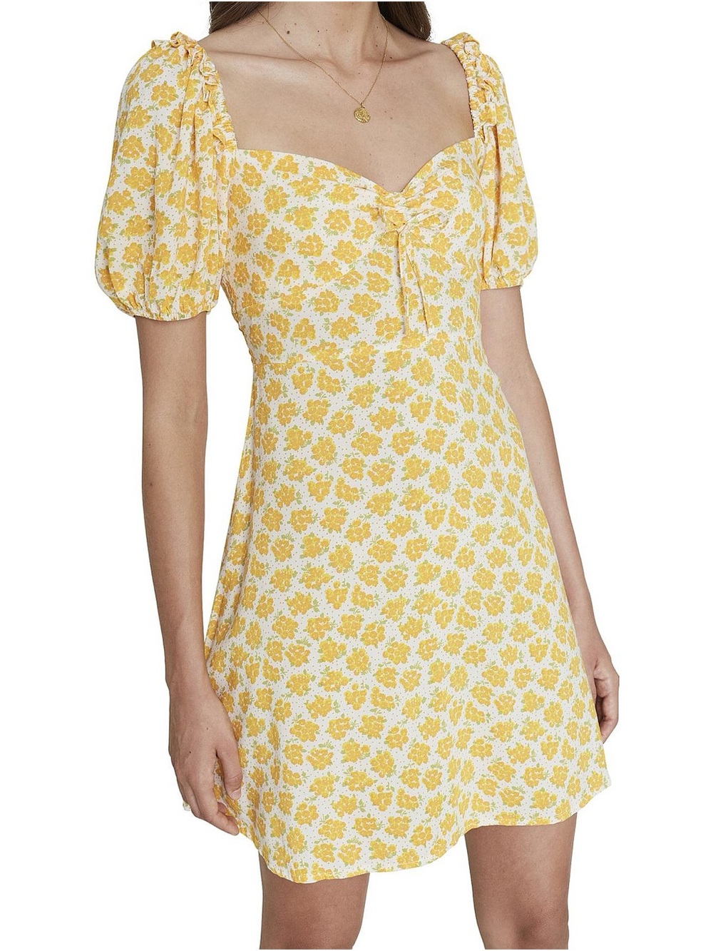 NWT Faithfull the Brand Yellow Floral Puff-Sleeve Mini Dress Size 2